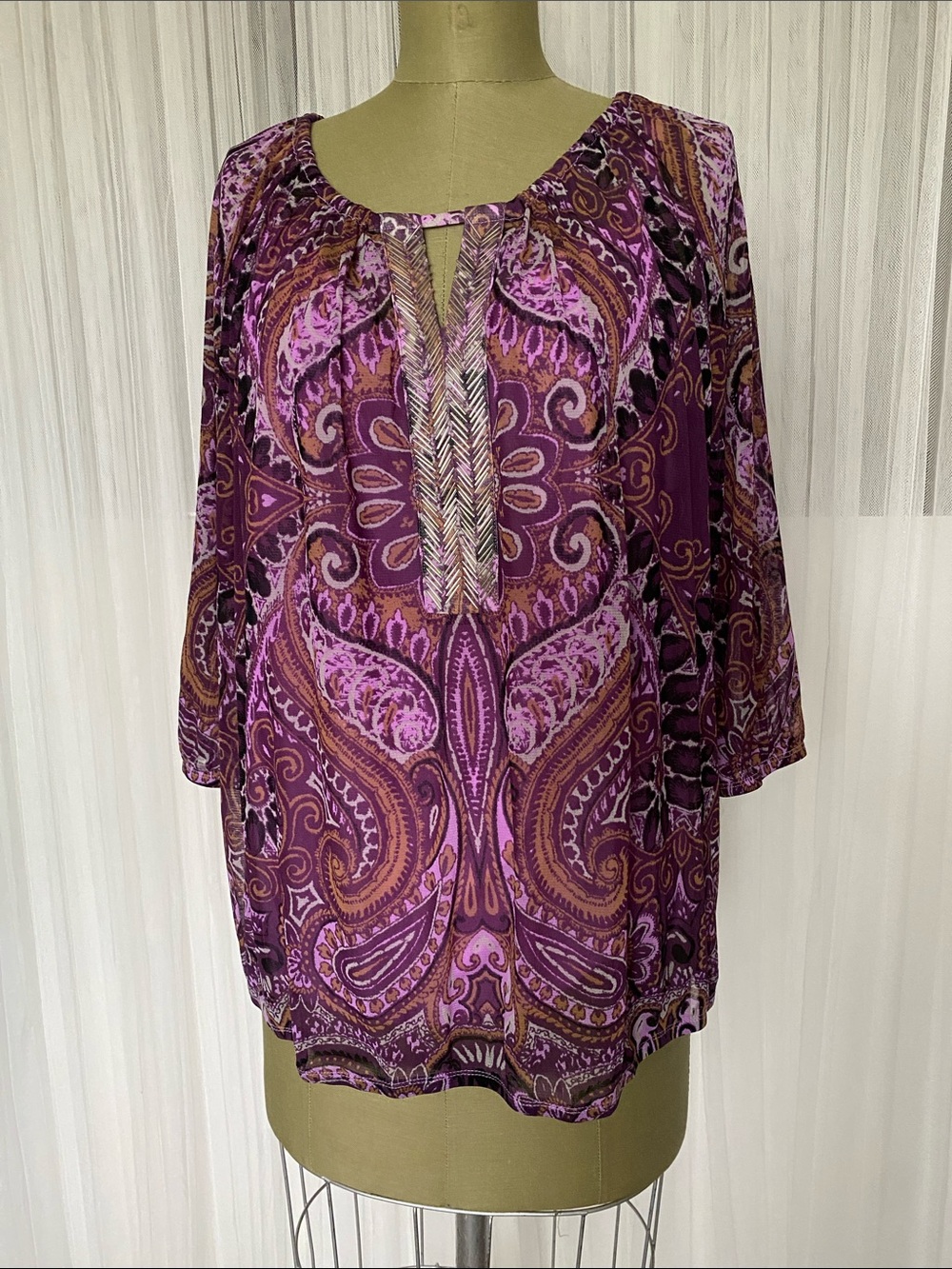 INC International Concept Purple Paisley Peasant Top - Women's Stylish Tunic 1X